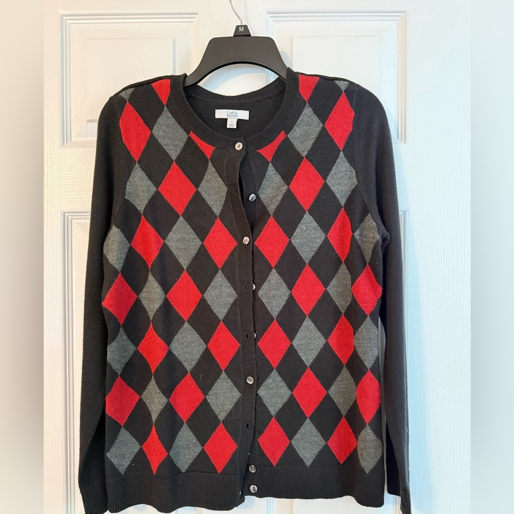 Croft & Barrow Argyle Cardigan - Black, Red, Gray